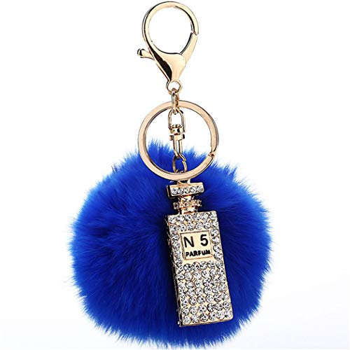 Canarea Schlüsselanhänger plüsch ball Taschenanhänger strass bommel Keychain Elegant Plüsch-Kugel Auto-Anhänger Pompom mit Strass Parfümflasche Glitzer Weich Schlüsselring (Blau)