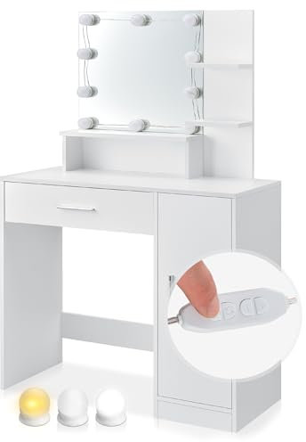 Juskys Schminktisch Zoey mit LED Beleuchtung, Spiegel, Schublade, 3 Fächer & Schrank, 90 x 38 x 137 cm, weiß, Holz Frisiertisch Kosmetiktisch