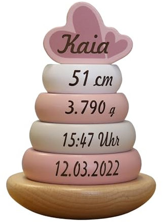 Elefantasie Holz Stapelturm rosa personalisierbar mit Name und Geburtsdaten Baby Geschenk mit Gravur Geschenk zur Geburt oder Taufe