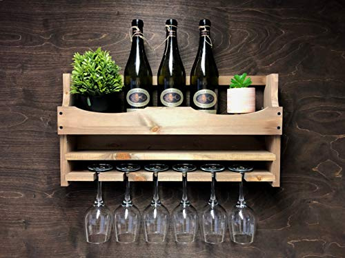 Wooden Wine Bottle Holder and 6 Glass Wall Mounted Display (6WO)(EM)