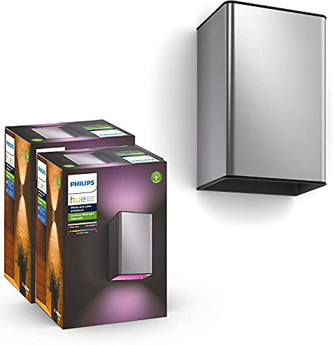Philips Hue Resonate LED Wandleuchte Outdoor (2er Pack) Edelstahl – White & Color Ambiance (WACA), 2x8W, Up & Down Light, IP44, kompatibel mit Hue Bridge, Alexa & Google Assistant