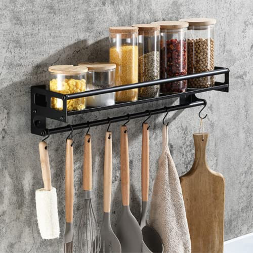 EigPluy Porta Utensili da Cucina,scaffale di stoccaggio Portautensili da Cucina con 8 Gancio,Adesivo/Perforazione 2 Modi di Installazione Portaoggetti per Utensili da Cucina a Parete(40cm)