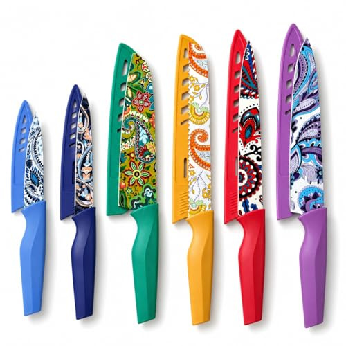 Astercook Paisley Pattern Knife Set with Cover, Dishwasher Safe Colorful Knives with 6 Knife Sheath, German Stainless Steel Rainbow Knife Set