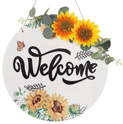 Welcome Stamp Wood Decoration Wall Decoration Living Room Door Decoration Front Door Decoration Front Door Sunflower Garland Perennial Welcome Home Wall Decoration Modern Front Door Decoration (White)