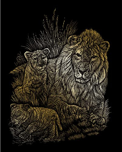 Pracht Creatives Hobby Royal & Langnickel Quadro da Grattare Leone con Cuccioli, Oro, Immagini da Grattare per Bambini e Adulti, con Penna e Sagoma da Grattare
