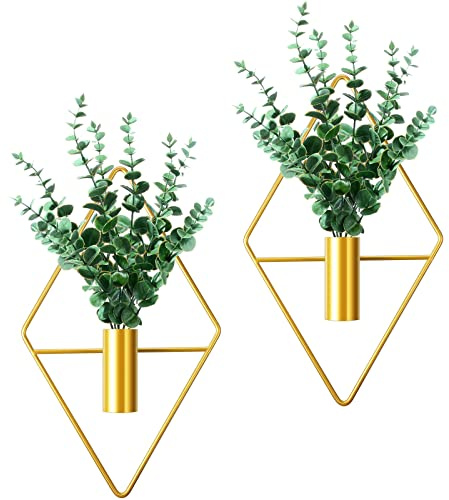 Hängepflanzgefäße in Diamantform mit künstlichen Wasserpflanzen, Metallvase, Zimmerpflanzenhalter, moderne geometrische Wanddekoration für Zuhause, Wohnzimmer, Büro (Gold, Eukalyptus), 2 Stück | Geometrische Metall-Wandvasen mit künstlichen Pflanzen, moderne hängende Wanddekoration für Badezimmer, Schlafzimmer