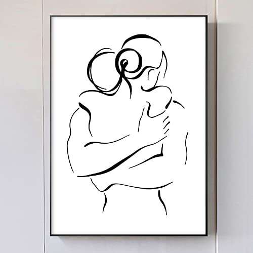 Black and White Abstract Line Canvas Wall Art Print Couple Line Hugging Wall Art Picture Black and White Silhouette Couple Canvas Painting Minimalist Abstract Lines Poster Prints 16x24inch No Frame