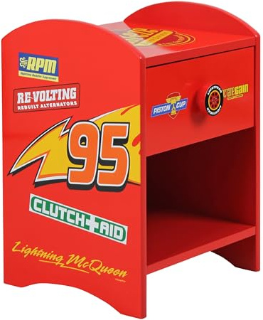 Disney Cars Lightning McQueen Nachttisch, stabile Holzwerkstoff-Konstruktion mit 2-stöckigem Design für reichlich Stauraum, kleiner Beistelltisch mit Schublade und Ablagefach für Kinderzimmer