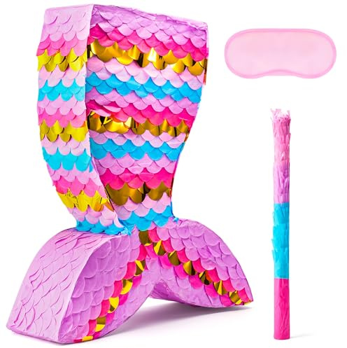 Mermaid Tail Pinata with Plastic Bat and Paper Blindfold for Fun Fiesta Taco Party Supplies, Photo Props, Mexican Theme Decoration, Carnivals Festivals, Girl Kids Birthday Parties 13W x 15.7H