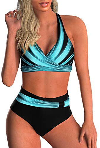 Adigaber Women's Two Piece Swimsuits Criss Cross Top Bikini High Waisted Bottom Tummy Control Bathing Suits Vintage Print Swimwear