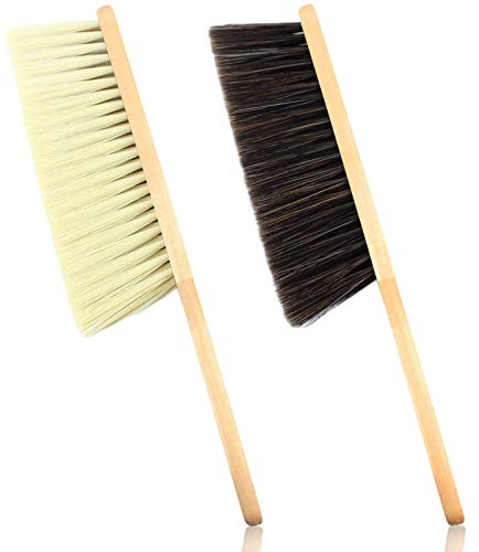2 Pieces Dust Brush Hand Broom Wooden Bench Brushes with Soft Bristles Counter Brush with Long Wood Handle Household Cleaning Brush for Sofa Bed Pet Fireplace Car (Brown, Yellow)