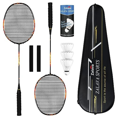 Zalava Ensemble de Badminton, 1 Paire de Raquettes de Badminton 2U avec Sac de Rangement, 3 Volants et 2 Bandes de Poignée, Sets de Raquettes Légères pour L’entraînement et Le Divertissement