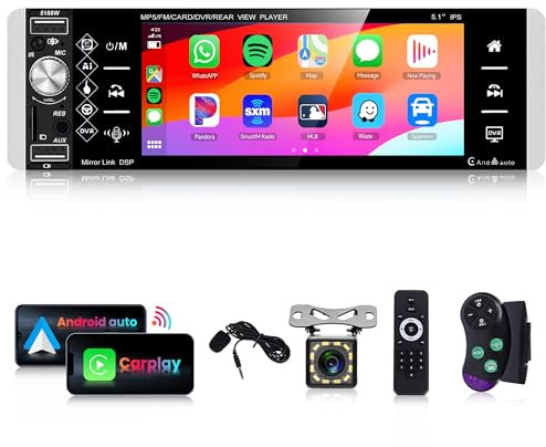 Single Din Wireless CarPlay Touchscreen Car Stereo, Rimoody 5.1 Inches 1 Din Car Radio with Wireless Android Auto Bluetooth FM/AM/RDS/SWC EQ Mirror Link Car Player USB Rear View Camera