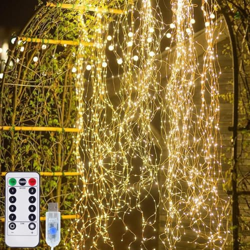 Melofo 10 Strands Fairy String Lights 3M/300 LED Waterfall Vine Tree String Lights Watering Can Lights USB Powered 8 Modes Silver Wire Lights with Remote Control for Wedding Christmas Home Decor(warm)