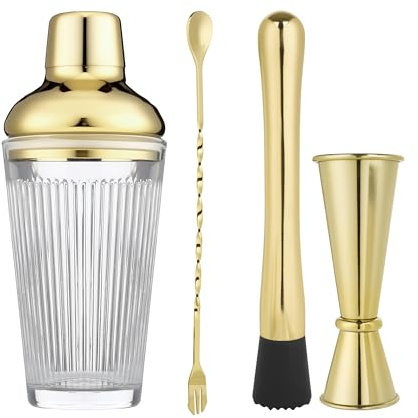 FayuuGem Cocktail Shaker Set 17oz, Gold Glass Martini Shaker with Strainer & Lid, Durable Bar Tools for Home Bartenders, Gift Box Included