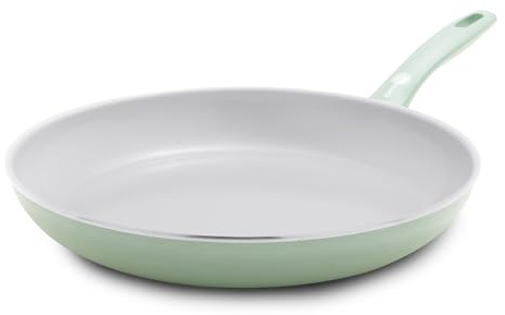 Greenpan Dover 12” Frying Pan Skillet, Non-Toxic PFAS-Free Ceramic Nonstick Coating, Sear Saute Fry Egg Omlete, Dishwasher & Oven Safe, Stay Cool Handle, Easy Pour Rims, Pastel Green