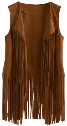 BrightGlow Gilet da donna con frange, anni '70, senza maniche, vintage, hippie, gilet lungo con nappe frange, cardigan hippie gilet da donna, cachi, M