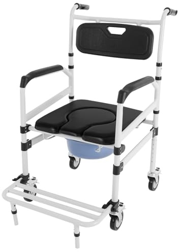 Toilettenstuhl mit Rollen, Toilettenrollstuhl Höhenverstellbar, Duschstuhl mit Duschsitz und Kommode, Bis 100 kg, Nachtstuhl für kranke, ältere, behinderte und schwangere