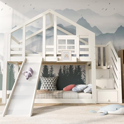 MSMOK Cama infantil de 90 x 200 cm, litera para niños en construcción de ventana con tobogán y protección anticaídas, color blanco, incluye pizarra, 2 somieres (90 x 200 cm + tobogán)