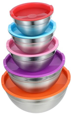 EXHUMKY 5piezas Bolas De Acero Inoxidable Tapa Bol De Ensalada Profundo y Amplio Para Frutas Verduras y Snacks Apto Para Uso Diario y Lavavajillas Medidas