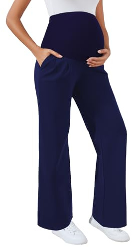 Ecavus Women's Wide Leg Maternity Pants with Pockets - Stretchy Over The Belly Pregnancy Casual and Work Trousers, Navy, Large
