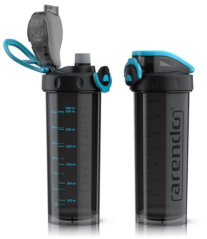 Arendo - Trinkflasche mit Deckel OneClick Verschluss – 800ml Füllmenge Skala Markierungen – Spülmaschinen geeignet – Eiweiß Shaker Protein Shaker – Proteinshaker für Freizeit Sport Fitness