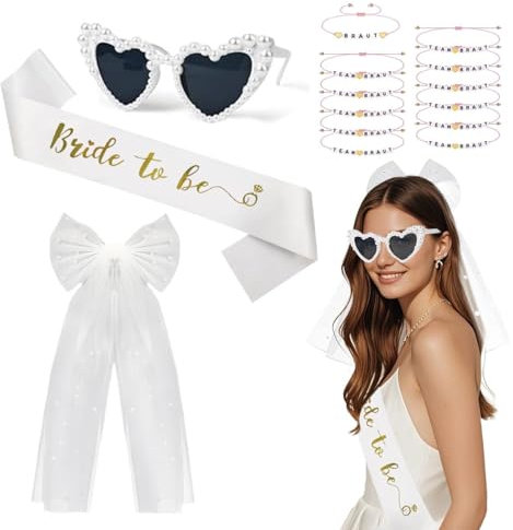GTJEOI 15 Stück JGA Accessoires Frauen, Accessoires für Bride to Be mit JGA Schleier Braut, Bride to Be Schärpe, Herz Sonnenbrille Perle, Deko Armbänder, Frauen Junggesellinnenabschied Accessoires