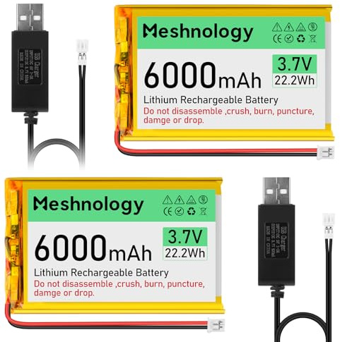 Lot de 2 batteries LiPo rechargeables 3,7 V 6000 mAh au lithium polymère avec câble de charge USB, fiche PH2.0 pour carte de développement AR duino ESP32