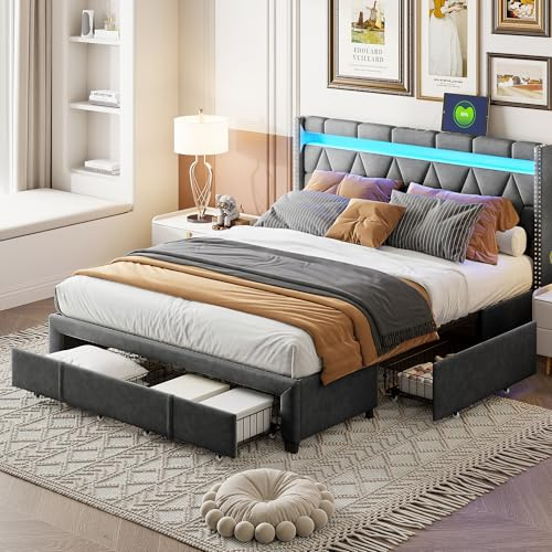 BRILVERDE Letto matrimoniale imbottito 140x200 cm, testiera LED con funzione di ricarica USB, letto contenitore con 4 cassetti, materasso non incluso, lino (Grigio(40), 140x200 cm)