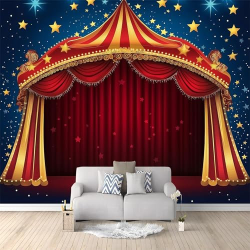Poster Mural 200 x 140 cm, Motif Chapiteau De Cirque De Dessin Animé, Décoration Intissée pour Espace Gaming et Mur d'Accent, Rouge Bleu