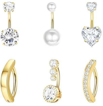 LOCCY 6 Pièces 14G Piercing Nombril Acier Inoxydable, Argent Or Piercing Nombril Clicker Piercings Anneaux de Nombrils Coeur CZ Nombrils Navel Piercings Bijoux pour Femmes (Or)