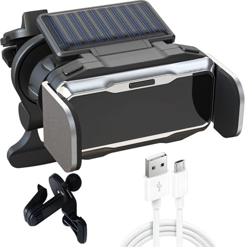 Solar Powered Auto-Clamp Car Phone Holder, Adjustable Mount Fits 4 To 7 In Devices, Includes Clip And Usb Charger