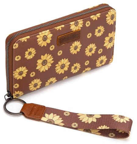 Wrangler Brown Daisy Wallets for Women Large Capacity Wristlet Wallets, Card Cases & Money Organizers Ladies Female Clutch Credit Card Phone Wallet with Smooth Zipper and ID Window