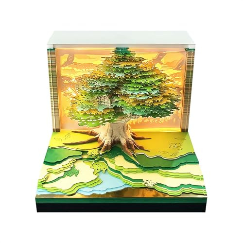 3D Tischkalender 2026 Notizblock Papier Kunst Kreativ Grün Baumhaus 3D Kalender DIY Notizen Notizblock Papier Kunst Wochenplaner mit LED-Lichtern für Schule Home Office