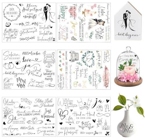 6 Stück Rub On Sticker Hochzeit Transferaufkleber Weeding Aufkleber | Alles Liebe zur Hochzeit Aufkleber Selbstklebend Rub On Folie für Möbel Glas Holz Fotoalbum DIY Hochzeitsdeko Geschenke Deko