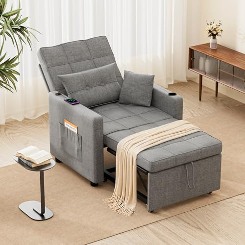 BonVache 3-in-1 Schlafsessel mit Bettfunktion, 5-stufig Verstellbarer Rückenlehne, Schlafsofa mit Kissen und Seitentasche, Schlafcouch mit Getränkehalter und USB- & USB-C-Anschluss, Dunkelgrau