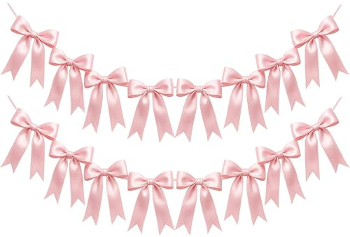 Vesavifaka 2 Stück Rosa Schleifen Girlanden Banner Deko, Vorgestrickte Satin Rosa Bänder Hängedeko, Partydekoration für Geburtstag, Junggesellinnenabschied, Brautparty, Hochzeit, Baby Shower
