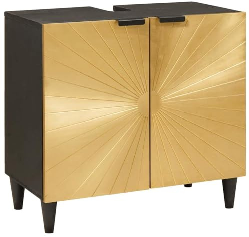 Qnhdfrt 62 x 33 x 58 cm Spülenschrank schwarz Gold aus massivem Mangoholz Hochglanz Modernes Design & Langlebigkeit für Badezimmer WC Flur