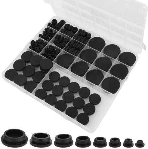 125pz Scatola di Tappi in Gomma Nera, Misure Assortite di Tappi Gomma per Fori Rotondi Tappo in Silicone Flessibile Impermeabile Adatto per Cablaggi Auto e Mobili
