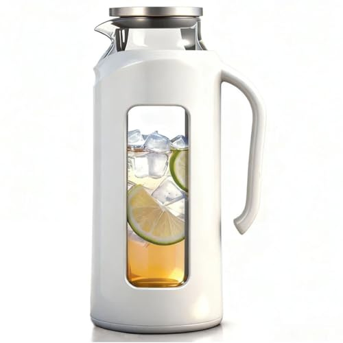 Delove Glass Pitcher with Lid & Shatterproof Shell – Heat-Resistant Borosilicate Glass Jug, 2 L/68 oz with Handle & Spout – Perfect for Iced Tea, Juice, Hot & Cold Water (White)