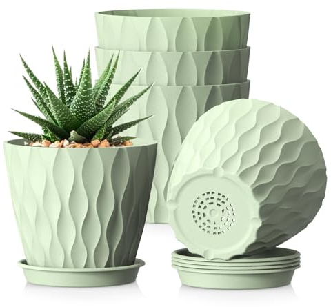 WSMKSZ 15cm Blumentöpfe Innen Außen, 5er Set Pflanztöpfe, 3D-Wellentextur | Kunststoff Pflanzentopf mit Untersetzer & Abflusslöchern, Übertopf für Einblatt, Efeutute, Grün