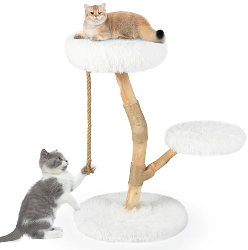 COSTWAY Arbre à Chat, Arbre a Chat Bois de Poirier, 3 Plateformes, Poteaux à Griffer en Jute, Corde en Jute, Tissu Peluche, Tour pour Chaton à 3 Niveaux, Chaque Charge 10 kg (90 cm,Blanc)