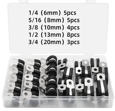 25PCS Cable Clamps Kit,1/4 5/16 3/8 1/2 3/4 Stainless Steel Rubber Cable Clamp,Automotive Wire Pipe Clamps