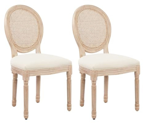 Matstolsset om 2 – stoppat tyg med rottingrygg, gummiben – familjevänlig design, beige