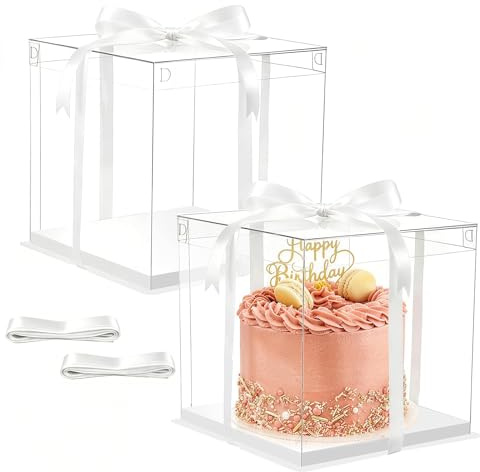 Lot De 2 Boîtes À Gâteau Transparentes Avec Base Et Ruban, Réutilisables