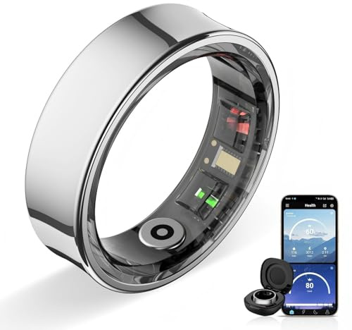 Potewek Smart Ring Men Women, sleep monitor&skin temperature (Silver, 8) | Fitness track with Gesture control ,menstrual cycle tracking,Step count and calories, 5ATM Waterproof