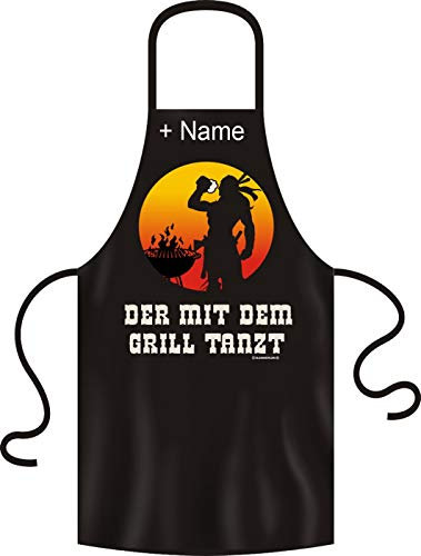 Tini - Shirts Lustige Grillschürze mit ihrem Wunschnamen unisex: Der mit dem Grill tanzt! schwarze Kochschürze mit Namen !!