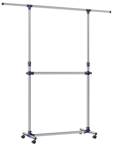 SONGMICS Kleiderständer, Garderobenständer, verstellbare Kleiderstange, mit Rollen, aus mit Edelstahl plattiertem Rohr, LLR41L, (101-163) x 49 x (113-198) cm, Blue
