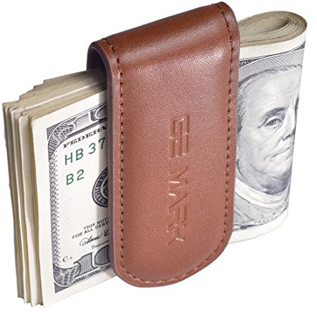 GE MARK Leather Money Clip - Strong Magnets Holds 30 banknotes - for Men - Cash & Card - Gift Box (brown)