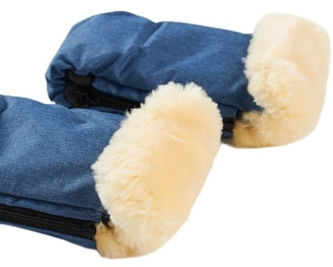 Naturally Sheepskins Handschuhe für den Kinderwagen mit Schaffell-Manschette und Fleece Innenfutter, Kälteschutz, Fäustlinge, Lammwolle,wärmend, Windschutz, Größe universal… (Linear Blue)